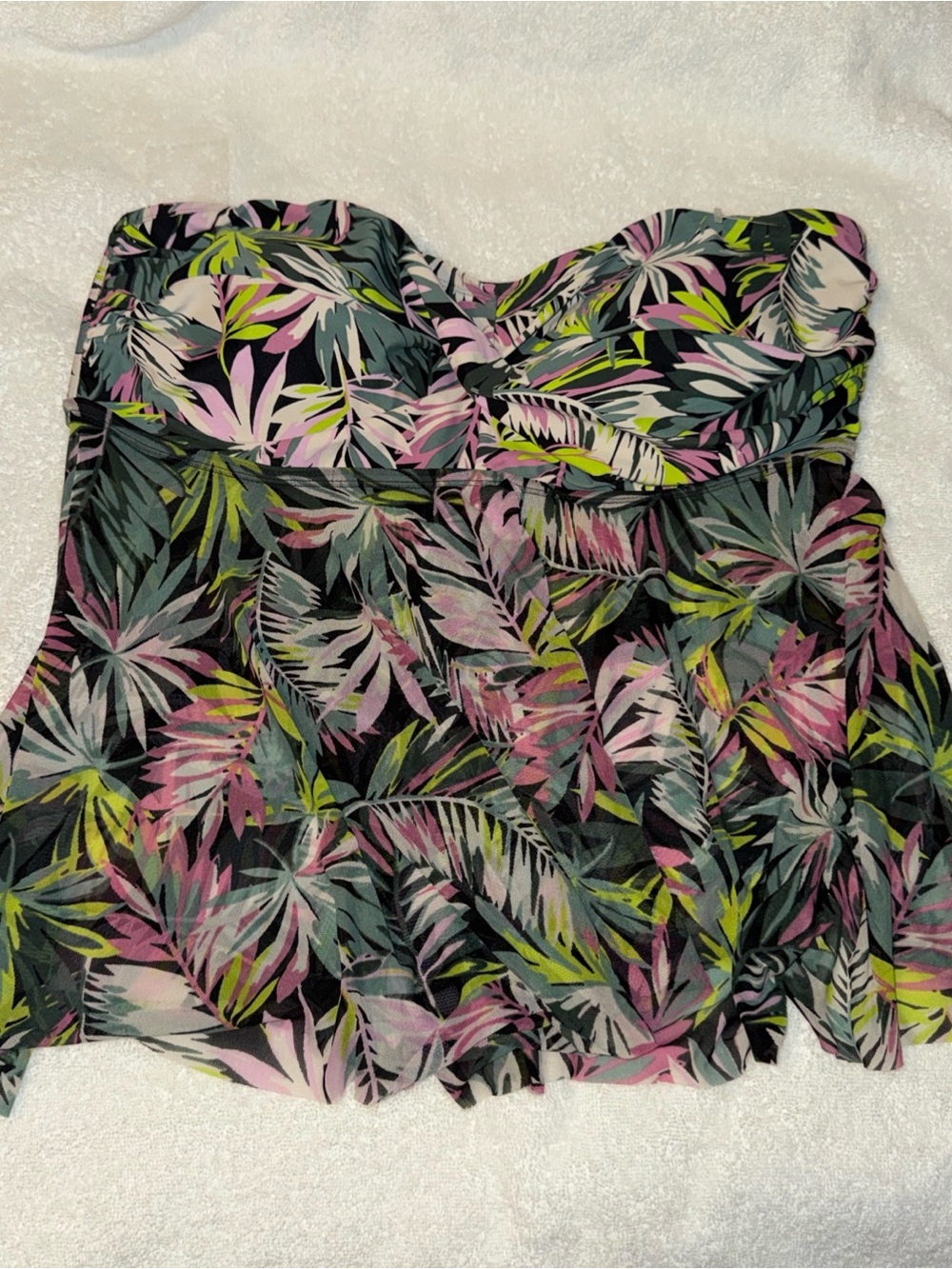 Kona Sol Strapless Tropical Leaf One-Piece Swimsuit in Black, Pink & Green